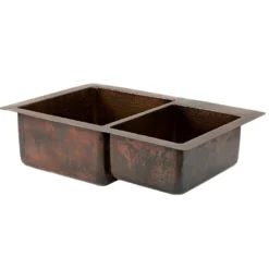 Premier Copper Products 33" Hammered Copper Kitchen 60/40 Double Basin Sink with Matching Drains, and Accessories, Oil Rubbed Bronze, KSP3_K60DB33229