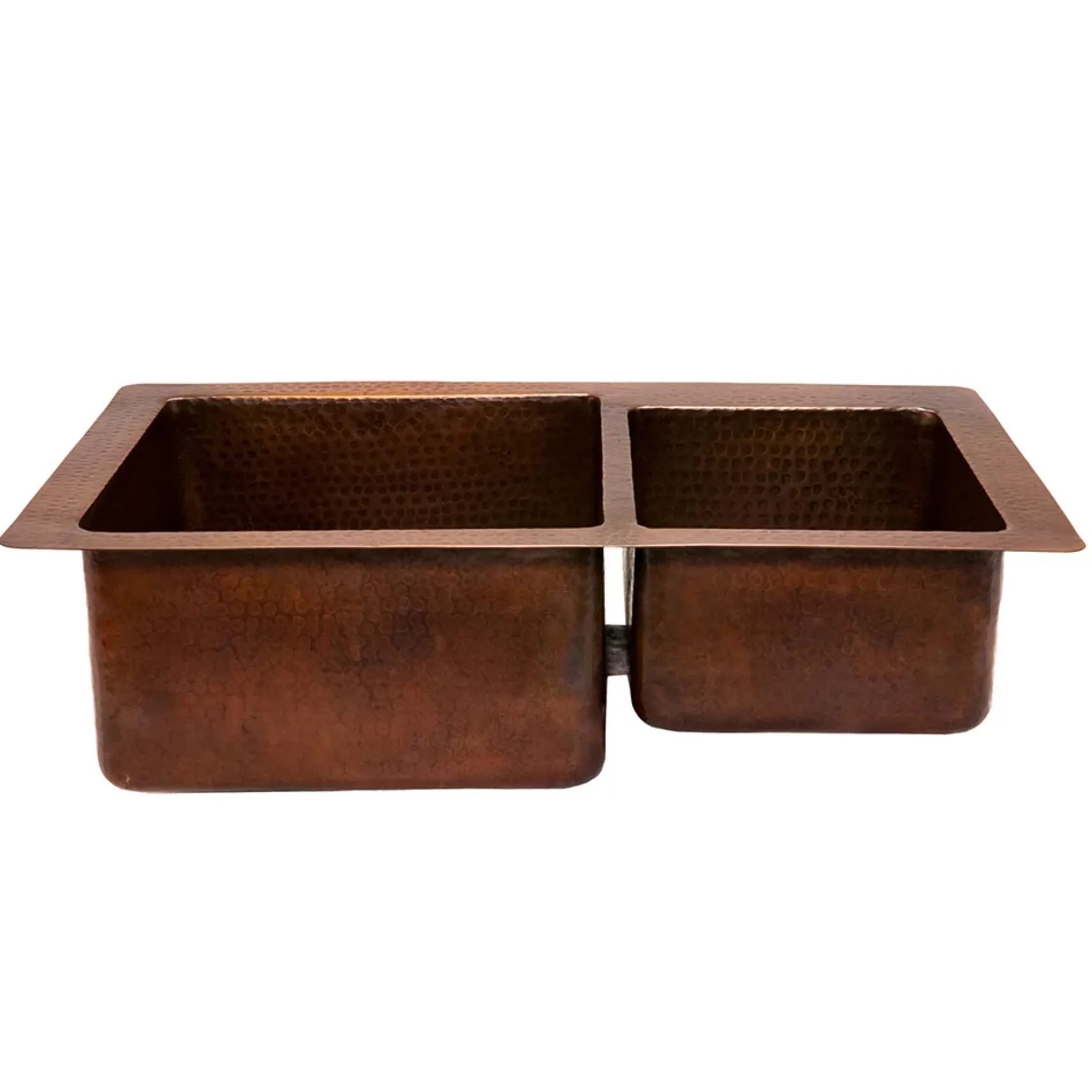 Premier Copper Products 33" Hammered Copper Kitchen 60/40 Double Basin Sink with Matching Drains, and Accessories, Oil Rubbed Bronze, KSP3_K60DB33229