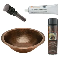 Premier Copper Products 17" Round Under Counter Hammered Copper Bathroom Sink, Matching Drain and Accessories, Oil Rubbed Bronze, BSP5_LR17FDB-P