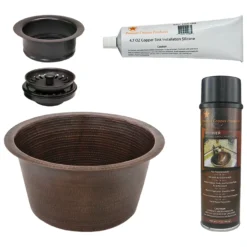 Premier Copper Products 17" Large Round Hammered Copper Bar/Prep Sink, Matching Drain and Accessories, Oil Rubbed Bronze, BSP5_BR17DB-G