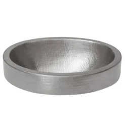 Premier Copper Products 17" Compact Oval Skirted Vessel Hammered Copper Bathroom Sink in Nickel, Matching Drain and Accessories, BSP5_VO17SKEN-P