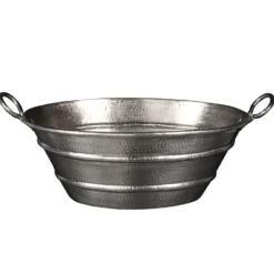 Premier Copper Products 16" Oval Bucket Vessel Hammered Copper Bathroom Sink with Handles in Nickel, Matching Drain and Accessories, BSP5_VOB16EN-P