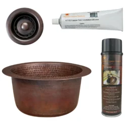 Premier Copper Products 10" Round Hammered Copper Bar Sink w/ 2" Drain Opening, Matching Drain and Accessories, Oil Rubbed Bronze, BSP5_BR10DB2-B