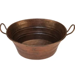 Premier Copper Products 16" Oval Bucket Vessel Hammered Copper Bathroom Sink with Handles, Matching Drain and Accessories, Oil Rubbed Bronze, BSP5_VOB16DB-P