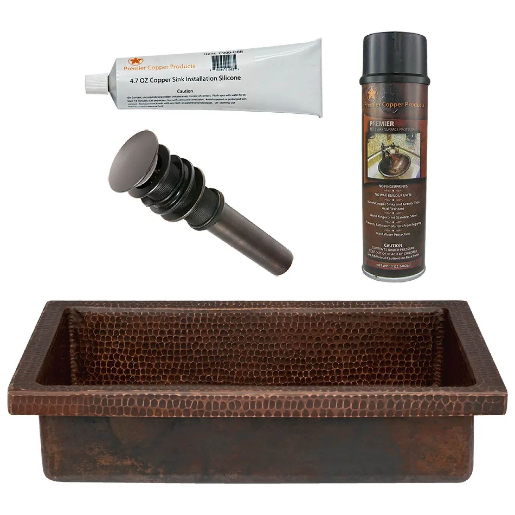 Premier Copper Products 20" Rectangle Skirted Vessel Hammered Copper Bathroom Sink, Matching Drain and Accessories, Oil Rubbed Bronze, BSP5_VREC20SK1DB-P
