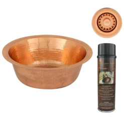 Premier Copper Products 14" Round Hammered Copper Bar Sink with 2" Drain Opening in Polished Copper, Matching Drain and Accessories, BSP5_BR14PC2-B