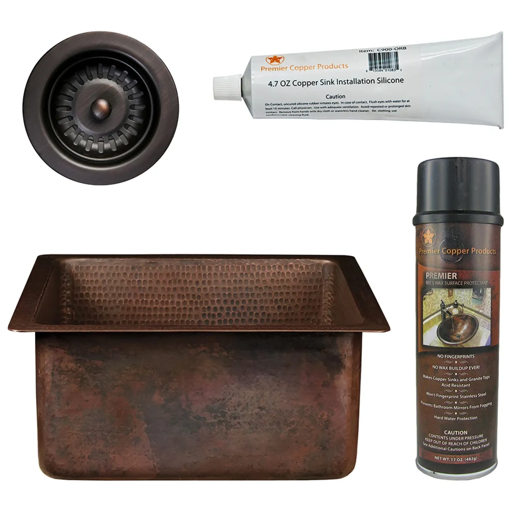 Premier Copper Products 16" Square Hammered Copper Bar/Prep Sink w/ 3.5" Drain Opening, Matching Drain and Accessories, Oil Rubbed Bronze, BSP5_BS16DB3-D