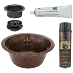 Premier Copper Products 16" Round Copper Prep Bar Sink w/ Fleur De Lis and 3.5" Drain Opening, Matching Drain and Accessories, Oil Rubbed Bronze, BSP5_BR16FDB3-G