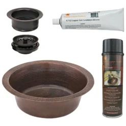 Premier Copper Products 14" Round Hammered Copper Prep Bar Sink w/ 3.5" Drain Opening, Matching Drain and Accessories, Oil Rubbed Bronze, BSP5_BR14DB3-G