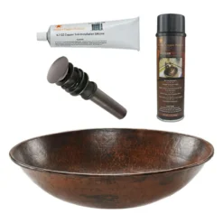 Premier Copper Products 17" Oval Wired Rim Vessel Hammered Copper Bathroom Sink, Matching Drain and Accessories, Oil Rubbed Bronze, BSP5_VO17WDB-P