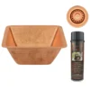 Premier Copper Products 15" Square Hammered Copper Bar/Prep Sink w/ 2" Drain Opening in Polished Copper, Matching Drain and Accessories, BSP5_BS15PC2-B