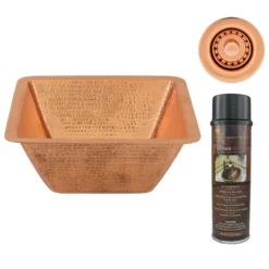 Premier Copper Products 15" Square Hammered Copper Bar/Prep Sink w/ 2" Drain Opening in Polished Copper, Matching Drain and Accessories, BSP5_BS15PC2-B