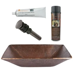 Premier Copper Products 17" Modern Rectangle Hand Forged Old World Copper Vessel Bathroom Sink, Matching Drain and Accessories, Oil Rubbed Bronze, BSP5_PVMRECDB-P