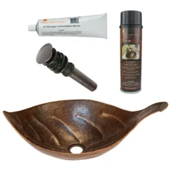 Premier Copper Products Leaf Vessel Hammered Copper Bathroom Sink, Matching Drain and Accessories, Oil Rubbed Bronze, BSP5_PVLFDB-P