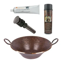 Premier Copper Products Round Hand Forged Old World Miners Pan Copper Vessel Bathroom Sink, Matching Drain and Accessories, Oil Rubbed Bronze, BSP5_PVMPDB-P