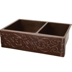 Premier Copper Products 33" Copper Farmhouse Sink, 60/40 Double Bowl, Oil Rubbed Bronze, KA60DB33229S