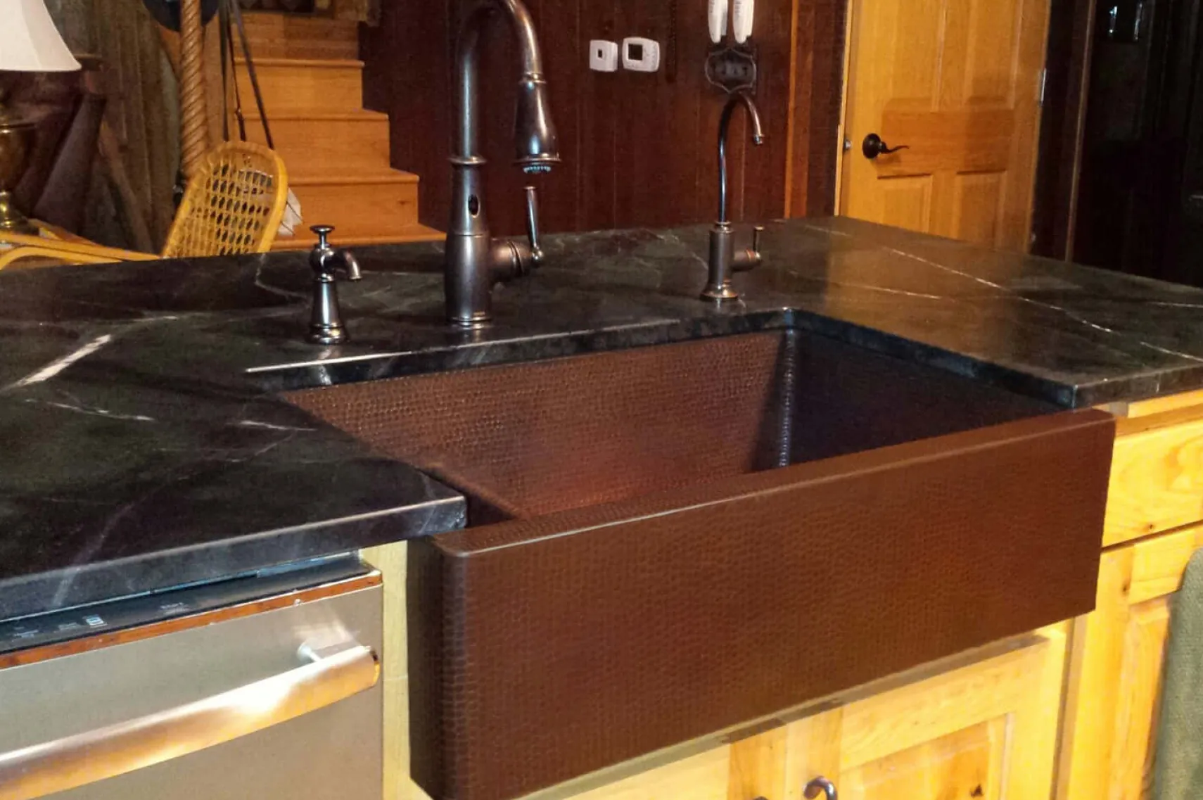 Premier Copper Products 33" Copper Farmhouse Sink, 30/70 Double Bowl, Oil Rubbed Bronze, KA30DB33229-SD5