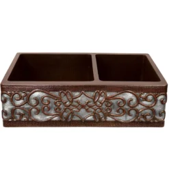 Premier Copper Products 33" Copper Farmhouse Sink, 60/40 Double Bowl, Oil Rubbed Bronze and Nickel, KA60DB33229S-NB