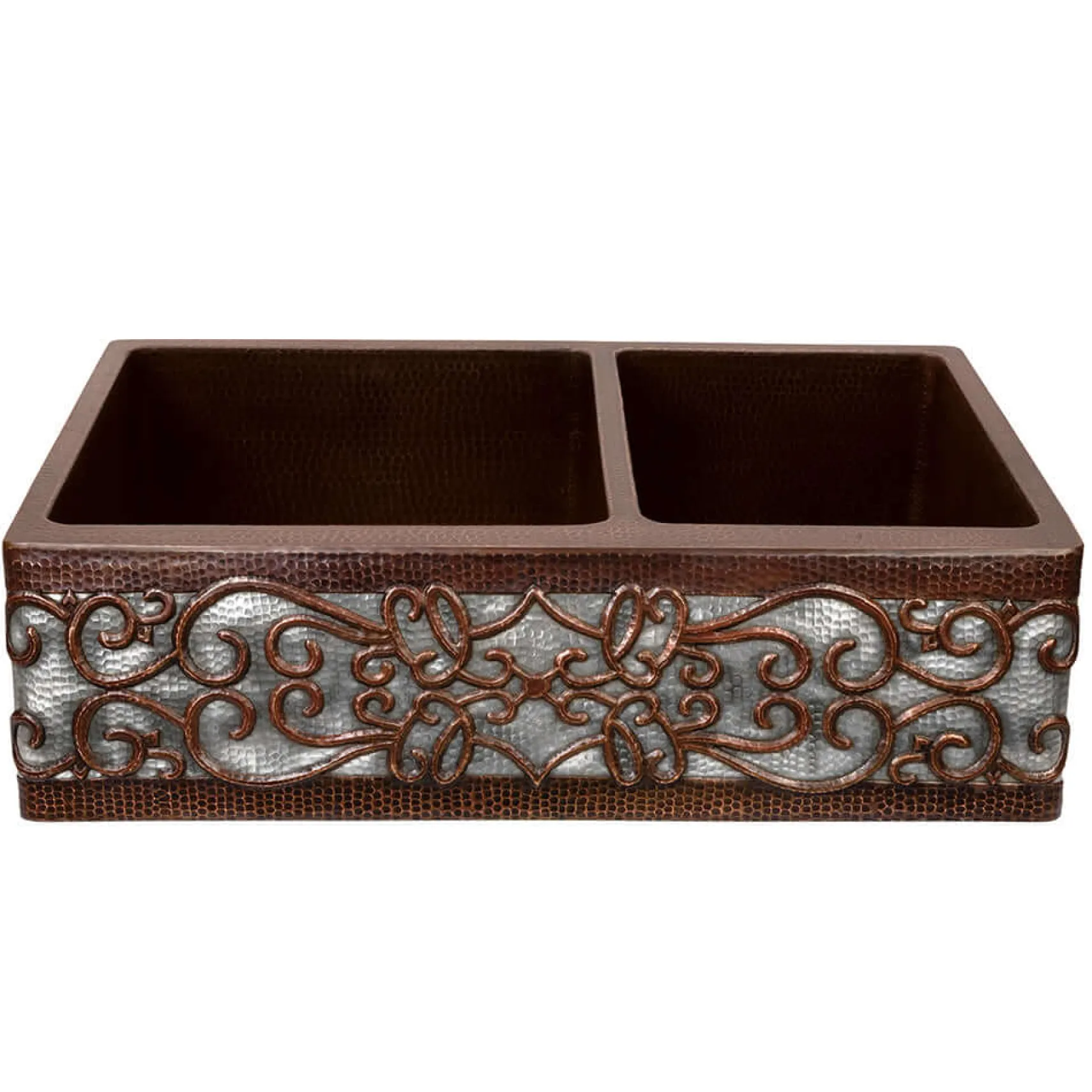 Premier Copper Products 33" Copper Farmhouse Sink, 60/40 Double Bowl, Oil Rubbed Bronze and Nickel, KA60DB33229S-NB