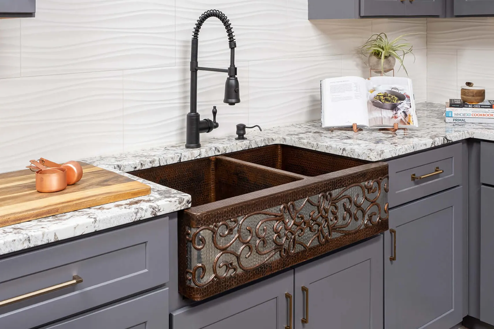 Premier Copper Products 33" Copper Farmhouse Sink, 60/40 Double Bowl, Oil Rubbed Bronze and Nickel, KA60DB33229S-NB