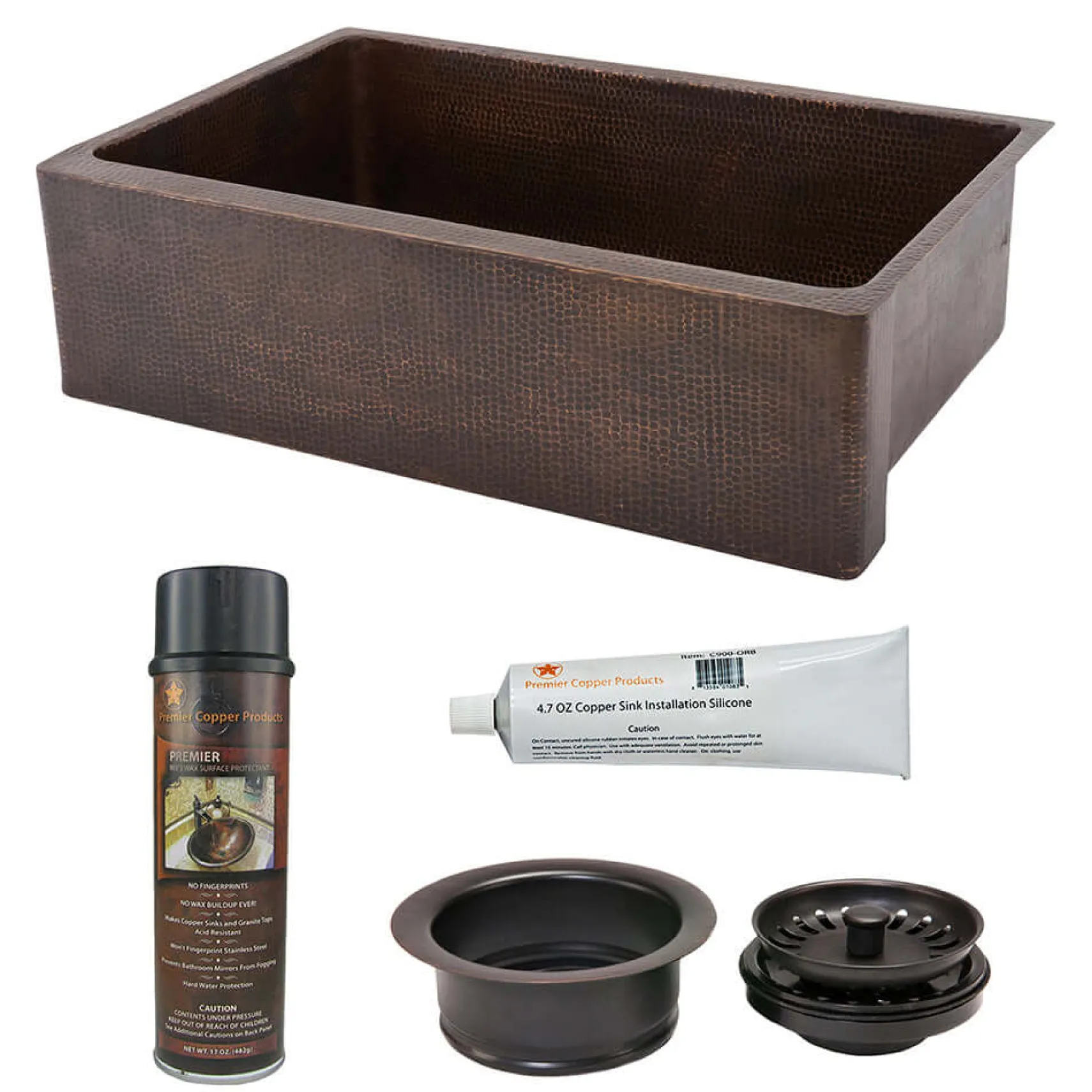 Premier Copper Products 33" Hammered Copper Kitchen Apron Single Basin Farmhouse Sink with Matching Drain, and Accessories, Oil Rubbed Bronze, KSP3_KASDB33229