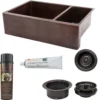 Premier Copper Products 33" Hammered Copper Kitchen Apron 75/25 Double Basin Farmhouse Sink with Matching Drains, and Accessories, Oil Rubbed Bronze, KSP3_KA75DB33229
