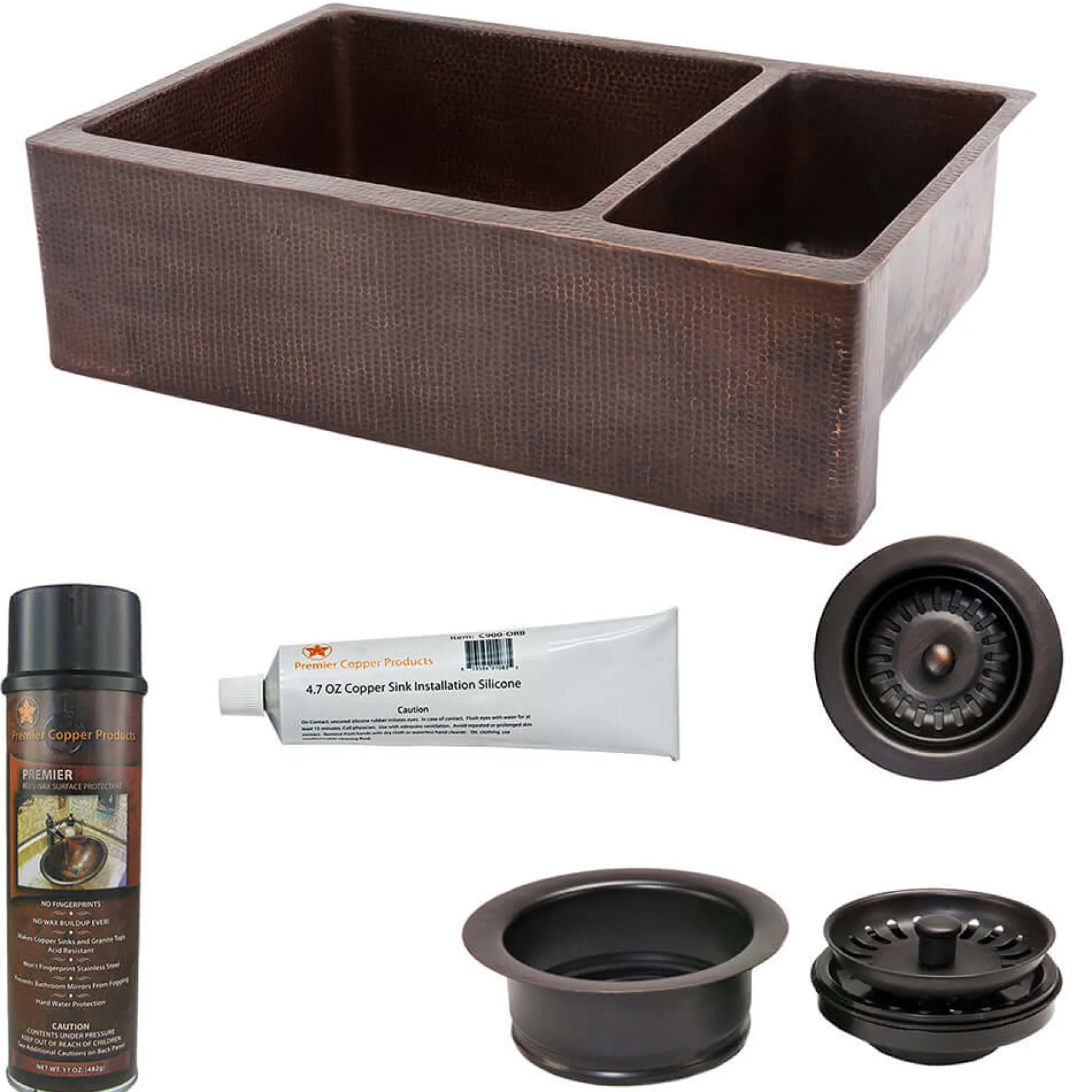Premier Copper Products 33" Hammered Copper Kitchen Apron 75/25 Double Basin Farmhouse Sink with Matching Drains, and Accessories, Oil Rubbed Bronze, KSP3_KA75DB33229