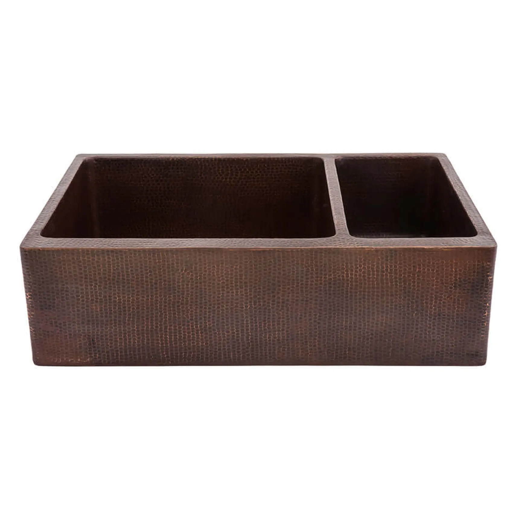 Premier Copper Products 33" Hammered Copper Kitchen Apron 75/25 Double Basin Farmhouse Sink with Matching Drains, and Accessories, Oil Rubbed Bronze, KSP3_KA75DB33229