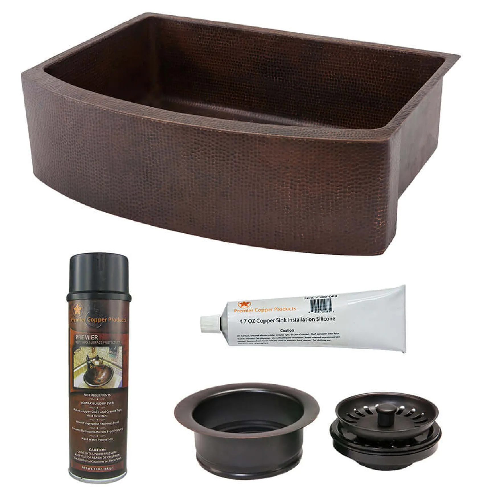 Premier Copper Products 30" Hammered Copper Kitchen Rounded Apron Single Basin Farmhouse Sink with Matching Drains, and Accessories, Oil Rubbed Bronze, KSP3_KASRDB30249
