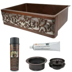 Premier Copper Products 33" Hammered Farmhouse Kitchen Sink w/ Matching Accessories, Scroll Design, KSP3_KASDB33229S-NB