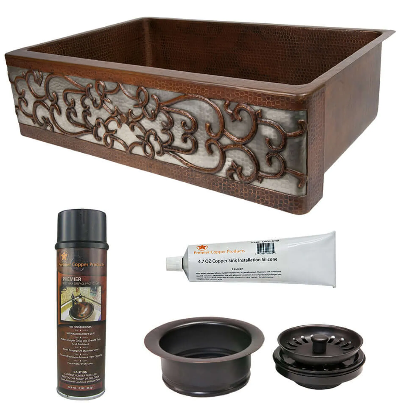 Premier Copper Products 33" Hammered Farmhouse Kitchen Sink w/ Matching Accessories, Scroll Design, KSP3_KASDB33229S-NB