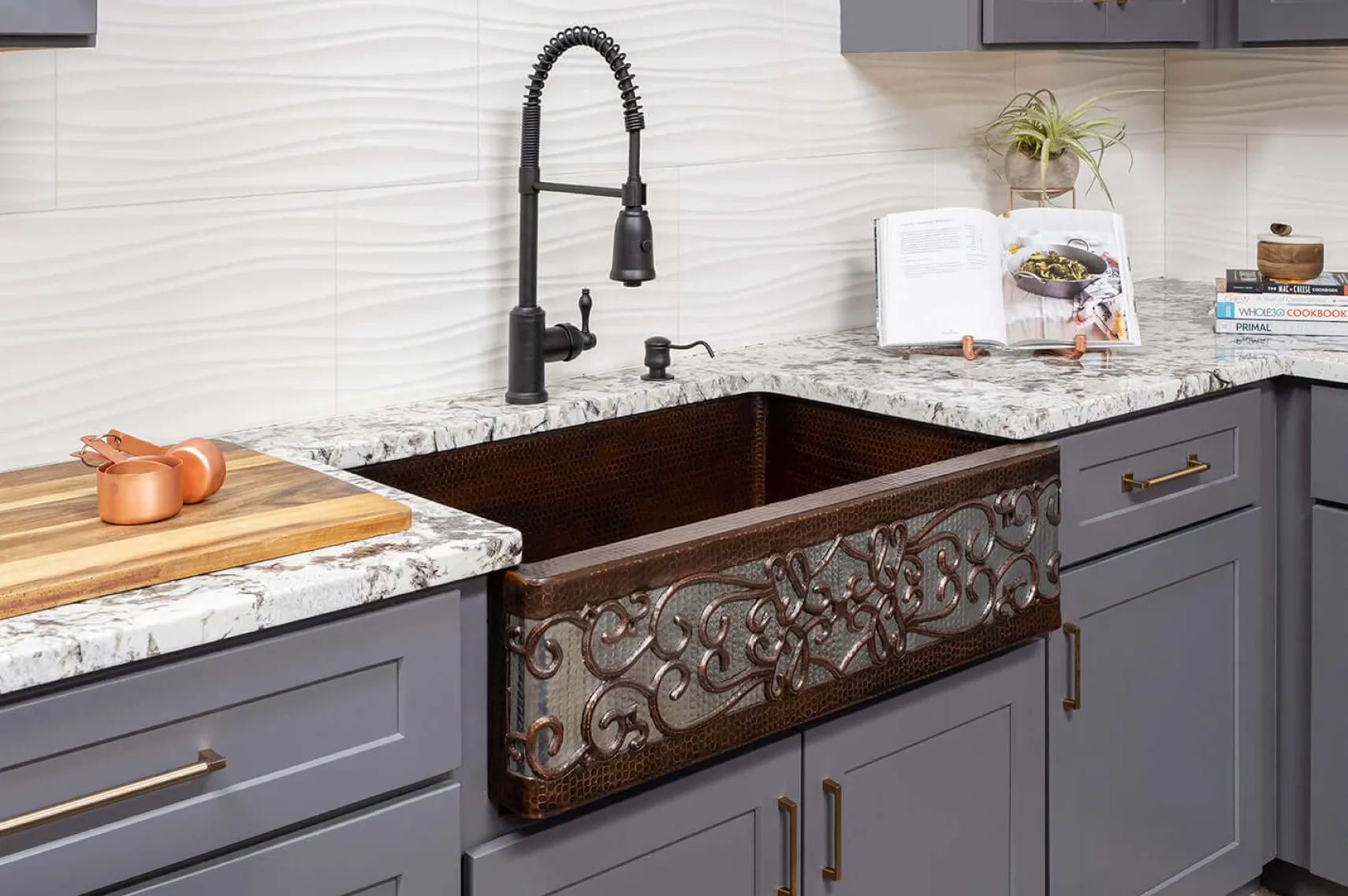 Premier Copper Products 33" Hammered Farmhouse Kitchen Sink w/ Matching Accessories, Scroll Design, KSP3_KASDB33229S-NB