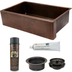Premier Copper Products 35" Hammered Copper Kitchen Apron Single Basin Farmhouse Sink with Matching Drain and Accessories, Oil Rubbed Bronze, KSP3_KASDB35229