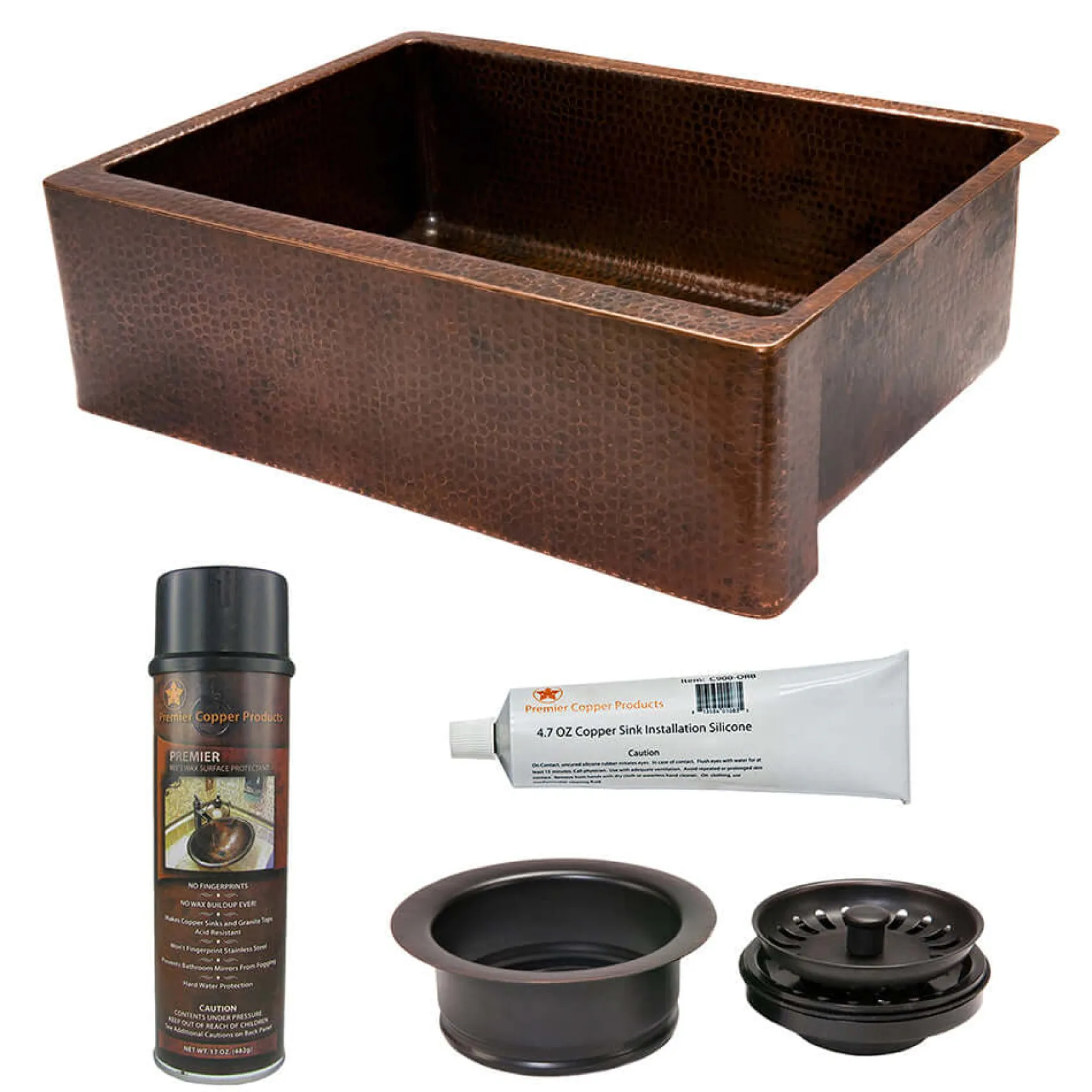 Premier Copper Products 30" Hammered Copper Kitchen Apron Single Basin Farmhouse Sink with Matching Drain and Accessories, Oil Rubbed Bronze, KSP3_KASDB30229