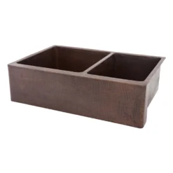 Premier Copper Products 33" Hammered Copper Kitchen Apron 60/40 Double Basin Farmhouse Sink with Matching Drains, and Accessories, Oil Rubbed Bronze, KSP3_KA60DB33229