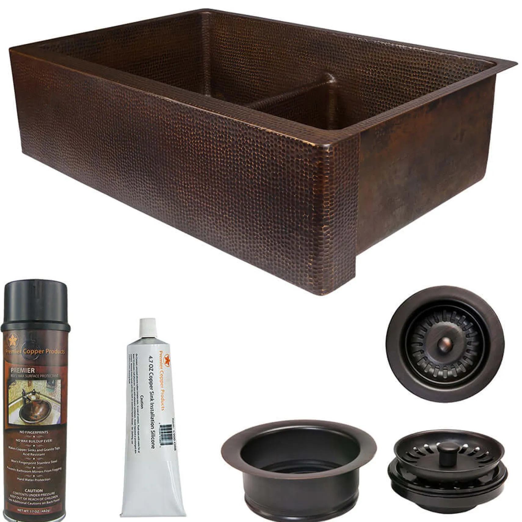 Premier Copper Products 33" Hammered Copper Kitchen Apron 50/50 Double Basin Farmhouse Sink with Short 5" Divider w/ Matching Drains and Accessories, Oil Rubbed Bronze, KSP3_KA50DB33229-SD5
