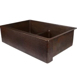 Premier Copper Products 33" Hammered Copper Kitchen Apron 50/50 Double Basin Farmhouse Sink with Short 5" Divider w/ Matching Drains and Accessories, Oil Rubbed Bronze, KSP3_KA50DB33229-SD5