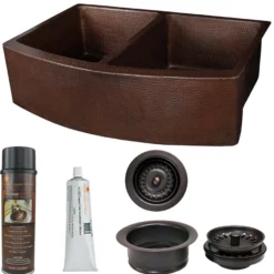 Premier Copper Products 33" Hammered Copper Double Bowl Farmhouse Kitchen Sink with Accessories, Oil Rubbed Bronze, KSP3_KA50RDB33249