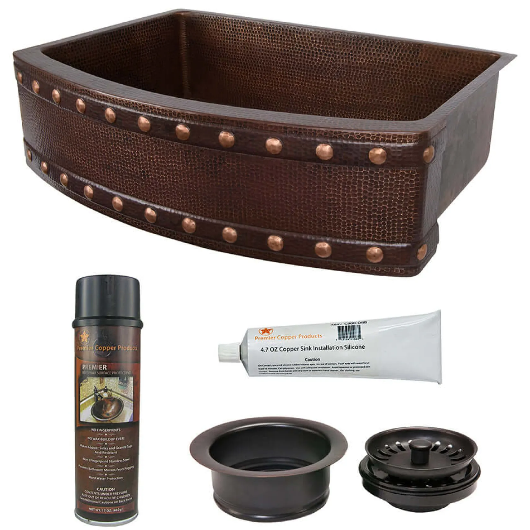 Premier Copper Products 30" Hammered Copper Kitchen Rounded Apron Single Basin Farmhouse Sink with Barrel Strap Design with Matching Drains, and Accessories, Oil Rubbed Bronze, KSP3_KASRDB30249BS