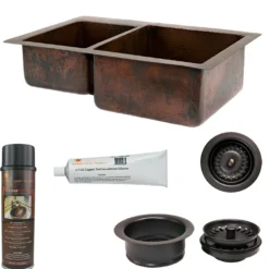 Premier Copper Products 33" Hammered Copper Kitchen 40/60 Double Basin Sink with Matching Drains, and Accessories, Oil Rubbed Bronze, KSP3_K40DB33229