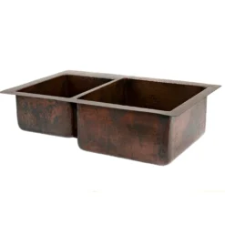 Premier Copper Products 33" Hammered Copper Kitchen 40/60 Double Basin Sink with Matching Drains, and Accessories, Oil Rubbed Bronze, KSP3_K40DB33229