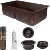 Premier Copper Products 33" Hammered Copper Kitchen 50/50 Double Basin Sink with Short 5" Divider w/ Matching Drains and Accessories, Oil Rubbed Bronze, KSP3_K50DB33199-SD5