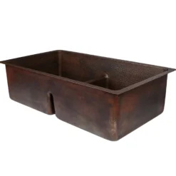 Premier Copper Products 33" Hammered Copper Kitchen 50/50 Double Basin Sink with Short 5" Divider w/ Matching Drains and Accessories, Oil Rubbed Bronze, KSP3_K50DB33199-SD5