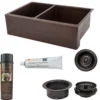Premier Copper Products 33" Hammered Copper Kitchen Apron 40/60 Double Basin Farmhouse Sink with Matching Drains, and Accessories, Oil Rubbed Bronze, KSP3_KA40DB33229