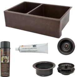 Premier Copper Products 33" Hammered Copper Kitchen Apron 40/60 Double Basin Farmhouse Sink with Matching Drains, and Accessories, Oil Rubbed Bronze, KSP3_KA40DB33229