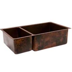 Premier Copper Products 33" Hammered Copper Kitchen 25/75 Double Basin Sink with Matching Drains, and Accessories, Oil Rubbed Bronze, KSP3_K25DB33199