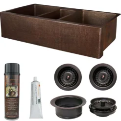 Premier Copper Products 42" Hammered Copper Kitchen Apron Triple Basin Farmhouse Sink w/ Matching Drains and Accessories, Oil Rubbed Bronze, KSP3_KATDB422210