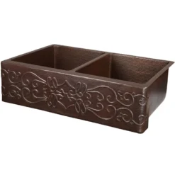 Premier Copper Products 33" Hammered Copper Kitchen Apron 50/50 Double Basin Farmhouse Sink w/ Scroll Design with Matching Drains, and Accessories, Oil Rubbed Bronze, KSP3_KA50DB33229S
