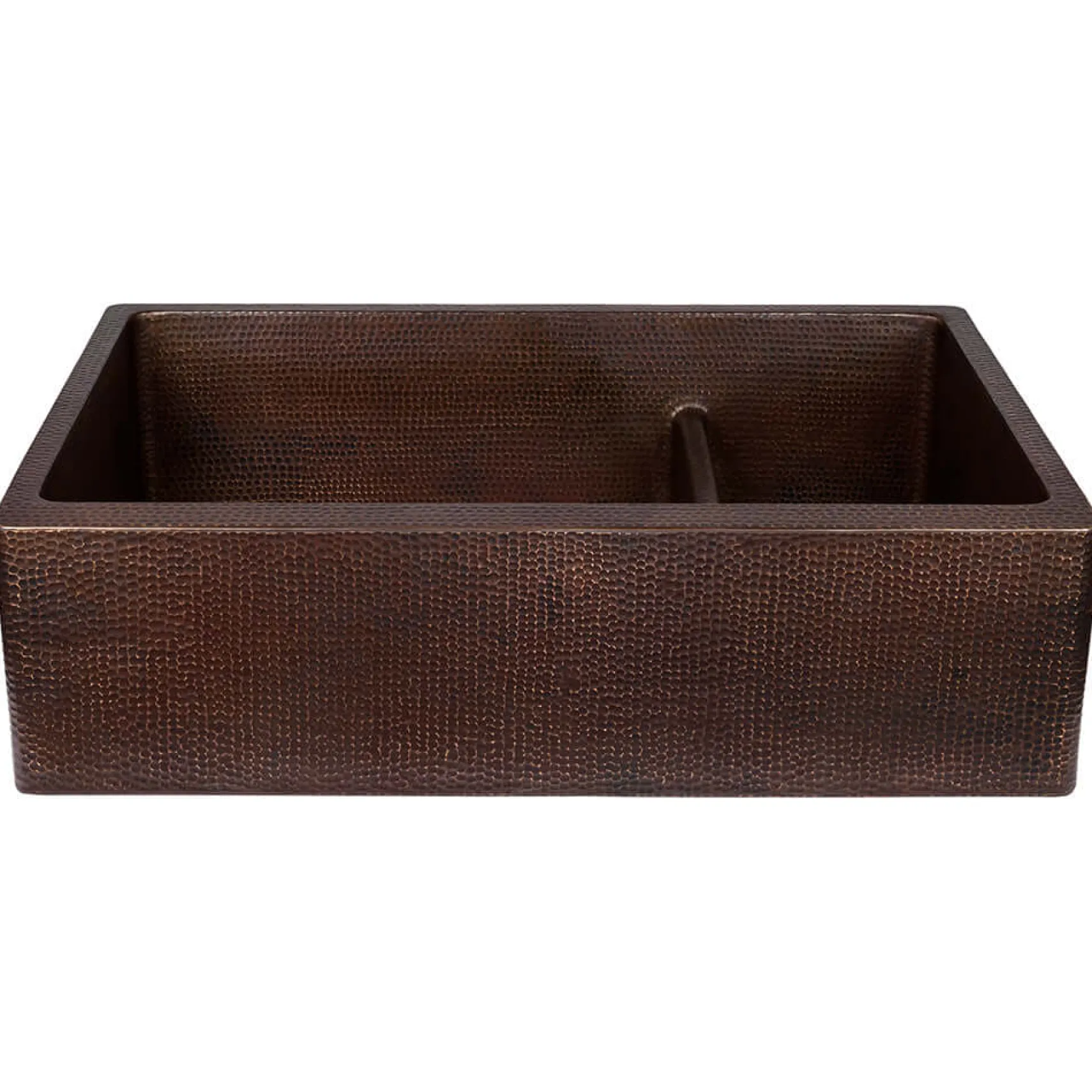 Premier Copper Products 33" Hammered Copper Kitchen Apron 70/30 Double Basin Farmhouse Sink with Short 5" Divider w/ Matching Drains and Accessories, Oil Rubbed Bronze, KSP3_KA70DB33229-SD5