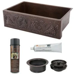 Premier Copper Products 33" Hammered Copper Kitchen Apron Single Basin Farmhouse Sink w/ Vineyard Design with Matching Drain and Accessories, Oil Rubbed Bronze, KSP3_KASDB33229G